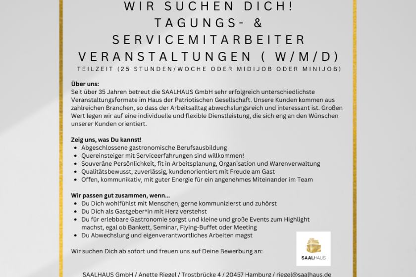 Stellenausschreibung Saalhaus GmbH Tagungs- und Servicemitarbeiter (w/m/d) gesucht
